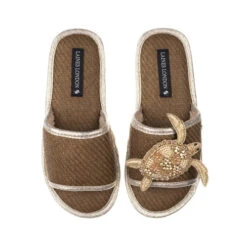 Straw Braided Sandals With Gold Turtle Brooch
