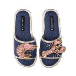 Straw Braided Sandals With Pink & Gold Prawn & Lobster Brooches -Laines London file 1342