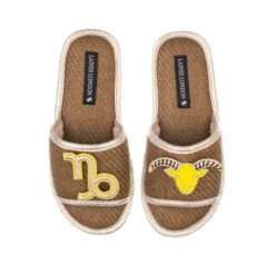 Straw Braided Sandals With Capricorn Star Sign Brooches