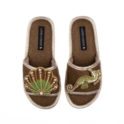 Straw Braided Sandals With Green & Gold Shell & Seahorse Brooches