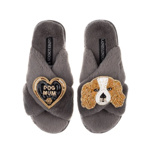 Classic Laines Slippers With Lady The King Charles & Dog Mum Brooches 1 Classic Laines Slippers With Lady The King Charles & Dog Mum Brooches
