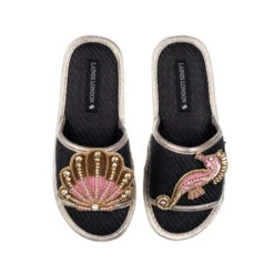 Straw Braided Sandals With Pink & Gold Shell & Seahorse Brooches
