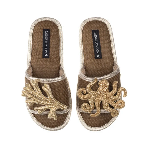 Straw Braided Sandals With Gold Octopus & Coral Brooches 2 Straw Braided Sandals With Gold Octopus & Coral Brooches - Image 2