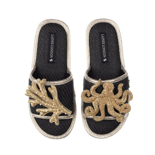 Straw Braided Sandals With Gold Octopus & Coral Brooches 3 Straw Braided Sandals With Gold Octopus & Coral Brooches - Image 3