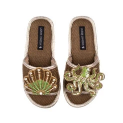 Straw Braided Sandals With Green & Gold Shell & Octopus Brooches