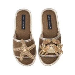 Straw Braided Sandals With Gold Crab & Starfish Brooches