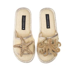 Straw Braided Sandals With Gold Octopus & Starfish Brooches