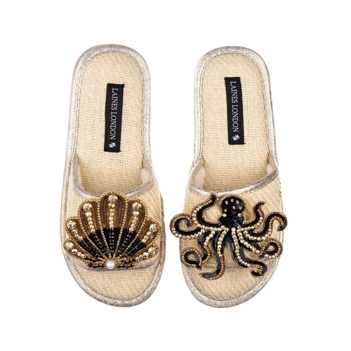 Straw Braided Sandals With Black & Gold Shell & Octopus Brooches 1 Straw Braided Sandals With Black & Gold Shell & Octopus Brooches