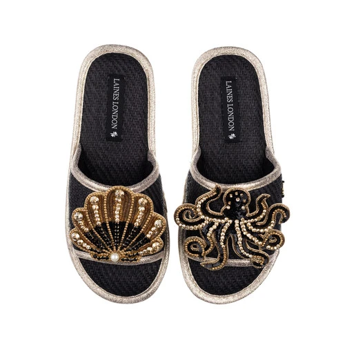 Straw Braided Sandals With Black & Gold Shell & Octopus Brooches 2 Straw Braided Sandals With Black & Gold Shell & Octopus Brooches - Image 2