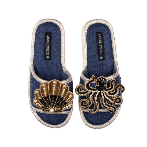 Straw Braided Sandals With Black & Gold Shell & Octopus Brooches 4 Straw Braided Sandals With Black & Gold Shell & Octopus Brooches - Image 4
