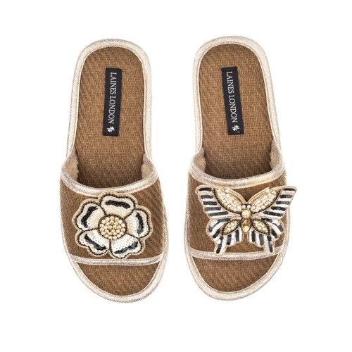 Straw Braided Sandals With Cream & Gold Butterfly & Flower Brooches 1 Straw Braided Sandals With Cream & Gold Butterfly & Flower Brooches