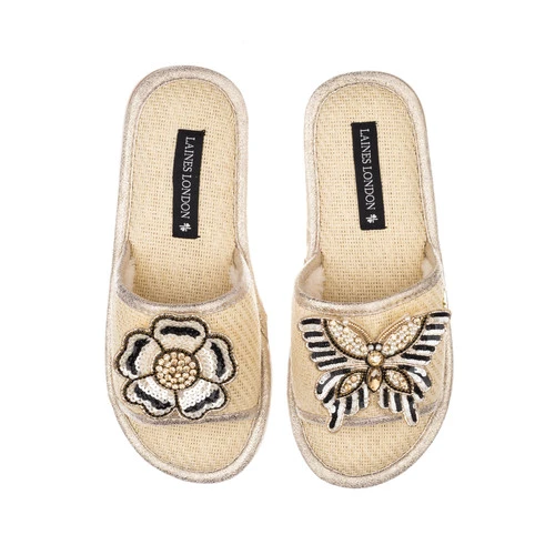 Straw Braided Sandals With Cream & Gold Butterfly & Flower Brooches 2 Straw Braided Sandals With Cream & Gold Butterfly & Flower Brooches - Image 2