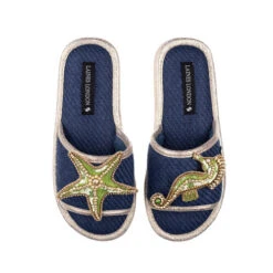 Straw Braided Sandals With Green & Gold Starfish & Seahorse Brooches