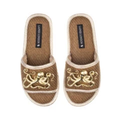 Straw Braided Sandals With Double Gold Metal Octopus Brooches -Laines London file 1528