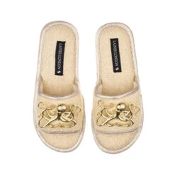 Straw Braided Sandals With Double Gold Metal Octopus Brooches -Laines London file 1529