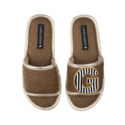 Straw Braided Sandals With Black & White Stripe Initial Brooch -Laines London file 1538
