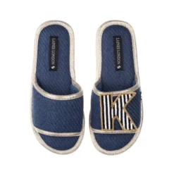 Straw Braided Sandals With Black & White Stripe Initial Brooch -Laines London file 1539