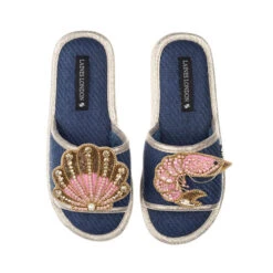 Straw Braided Sandals With Pink & Gold Shell & Prawn Brooches
