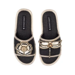 Straw Braided Sandals With Cream & Gold Dragonfly & Flower Brooches