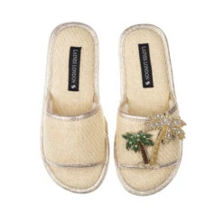 Straw Braided Sandals With Couture Palm Tree Brooch