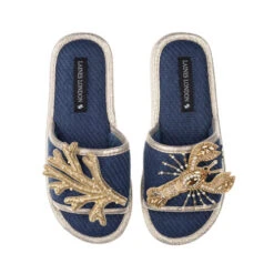Straw Braided Sandals With Gold Lobster & Coral Brooches -Laines London file 1582