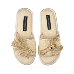 Straw Braided Sandals With Gold Lobster & Coral Brooches -Laines London file 1583