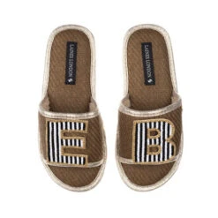 Straw Braided Sandals With Black & White Stripe Initial Brooches