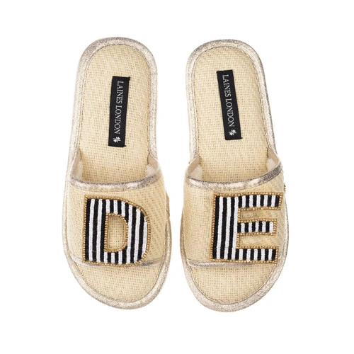 Straw Braided Sandals With Black & White Stripe Initial Brooches 2 Straw Braided Sandals With Black & White Stripe Initial Brooches - Image 2