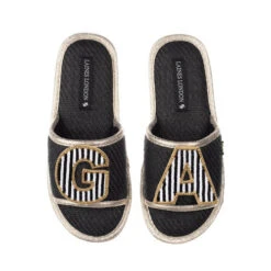 Straw Braided Sandals With Black & White Stripe Initial Brooches 7 Straw Braided Sandals With Black & White Stripe Initial Brooches -Laines London file 1612