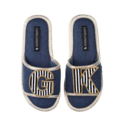 Straw Braided Sandals With Black & White Stripe Initial Brooches 8 Straw Braided Sandals With Black & White Stripe Initial Brooches -Laines London file 1613