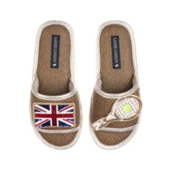 Straw Braided Sandals With Union Jack & Tennis Brooches -Laines London file 1622