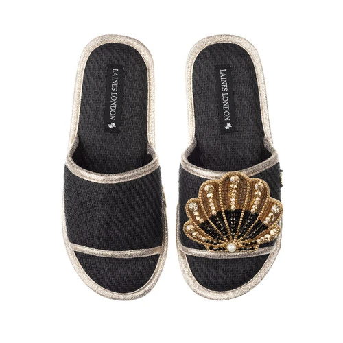 Straw Braided Sandals With Black & Gold Shell Brooch 1 Straw Braided Sandals With Black & Gold Shell Brooch
