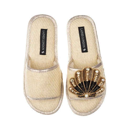 Straw Braided Sandals With Black & Gold Shell Brooch 2 Straw Braided Sandals With Black & Gold Shell Brooch - Image 2
