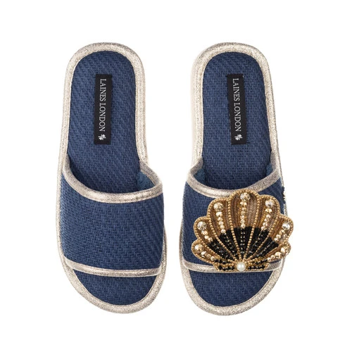 Straw Braided Sandals With Black & Gold Shell Brooch 3 Straw Braided Sandals With Black & Gold Shell Brooch - Image 3