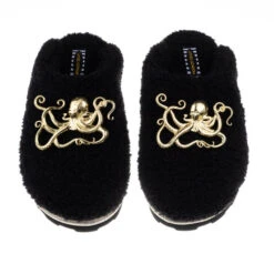 Teddy Closed Toe Slippers With Gold Metal Octopus Brooches