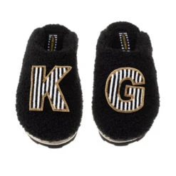 Teddy Closed Toe Slippers With Black & White Stripe Initial Brooches