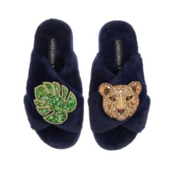 Classic Laines Slippers With Palm Leaf & Gold Lioness Brooches