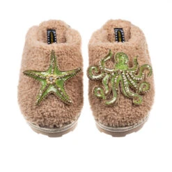 Teddy Closed Toe Slippers With Green & Gold Starfish & Octopus Brooches