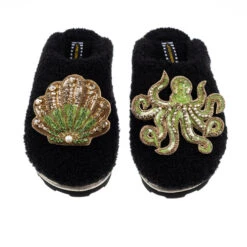 Teddy Closed Toe Slippers With Green & Gold Shell & Octopus Brooches