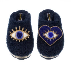 Teddy Closed Toe Slippers With Double Blue & Gold Eye Brooches