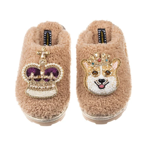 Teddy Closed Toe Slippers With Corgi & Crown Brooches 1 Teddy Closed Toe Slippers With Corgi & Crown Brooches