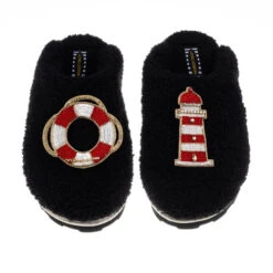 Teddy Closed Toe Slippers With Lighthouse & Beach Ring Brooches