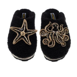 Teddy Closed Toe Slippers With Black & Gold Starfish & Octopus Brooches -Laines London file 1736