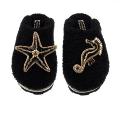 Teddy Closed Toe Slippers With Black & Gold Starfish & Seahorse Brooches
