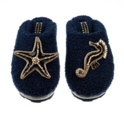 Teddy Closed Toe Slippers With Black & Gold Starfish & Seahorse Brooches -Laines London file 1751