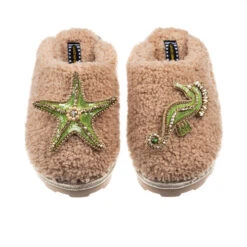 Teddy Closed Toe Slippers With Green & Gold Starfish & Seahorse Brooches