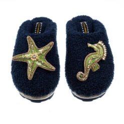 Teddy Closed Toe Slippers With Green & Gold Starfish & Seahorse Brooches -Laines London file 1772