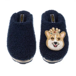 Teddy Closed Toe Slippers With Sandy The Corgi Brooch