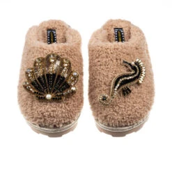 Teddy Closed Toe Slippers With Black & Gold Shell & Seahorse Brooches