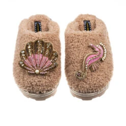 Teddy Closed Toe Slippers With Pink & Gold Shell & Seahorse Brooches